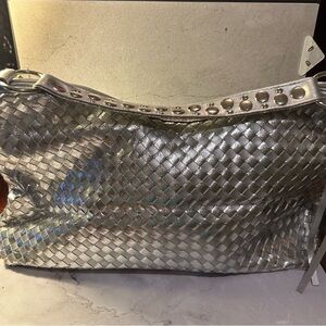 Metallic Silver Woven Hobo Shoulder Bag
